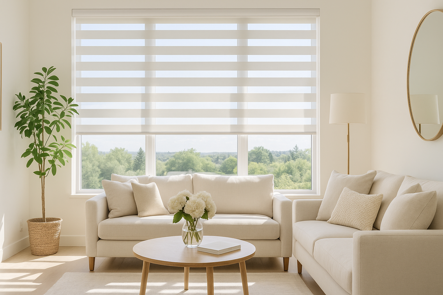 Salon avec store tissu alterné